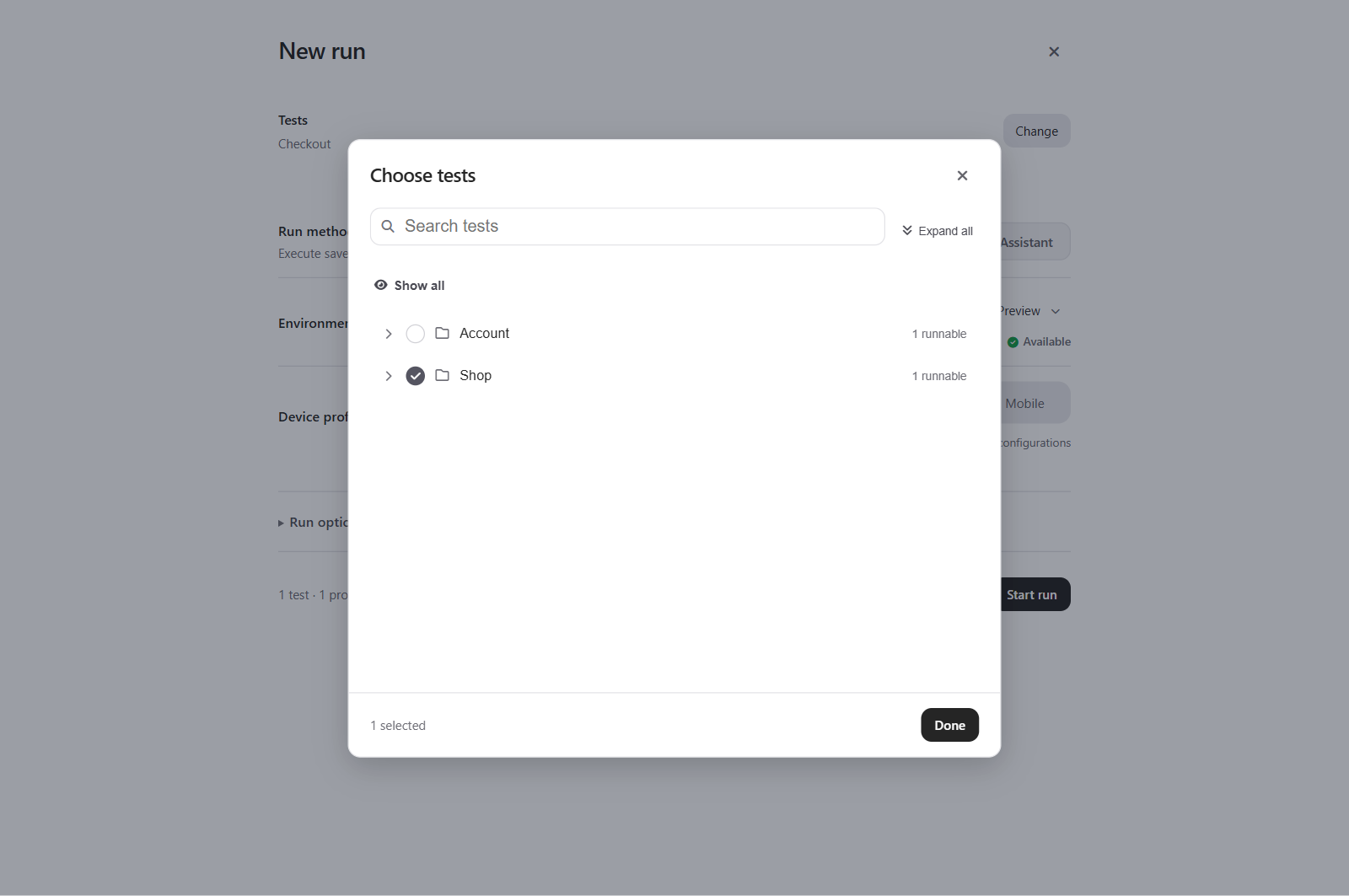 Choosing tests in the run composer