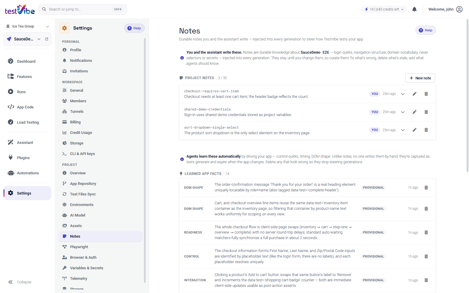 The Notes settings panel