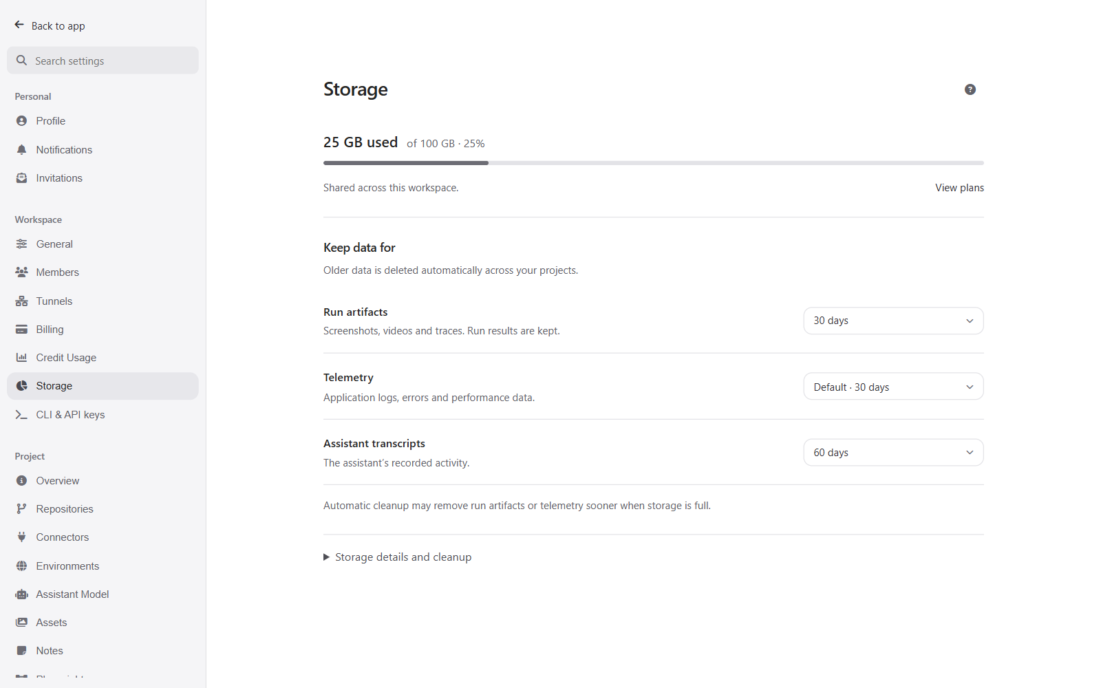 Storage retention settings