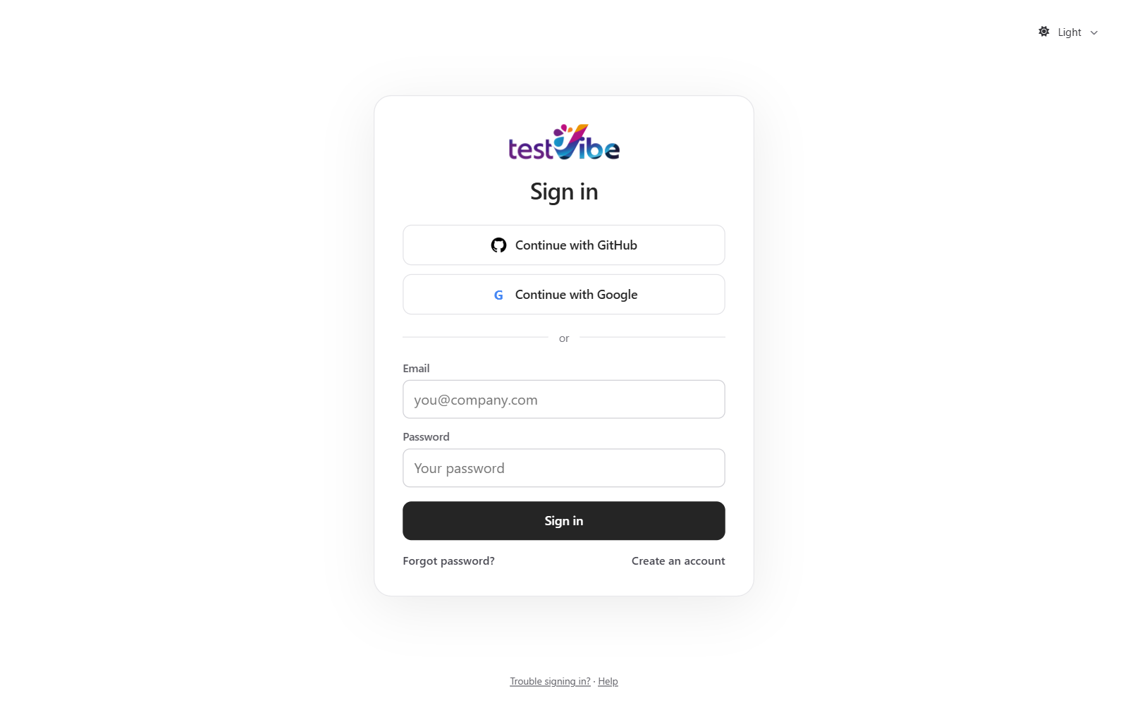 TestVibe sign-in screen